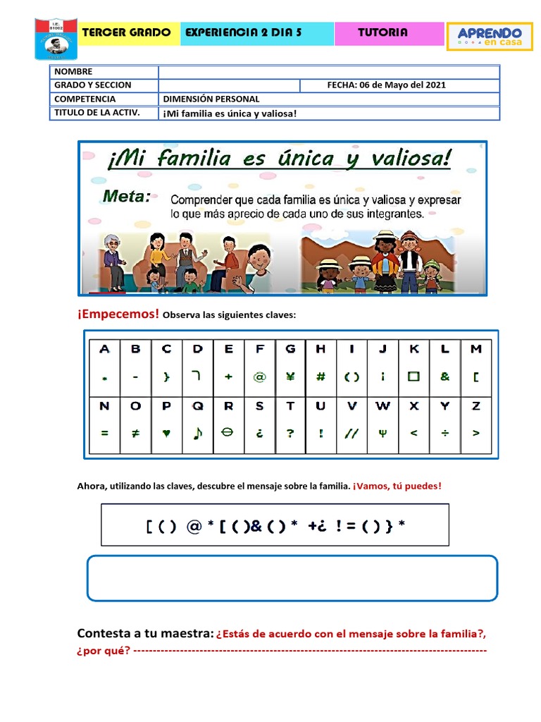 Tutoria Mi Familia Es Unica y Valiosa Dia 4 Jueves 6 Mayo | PDF