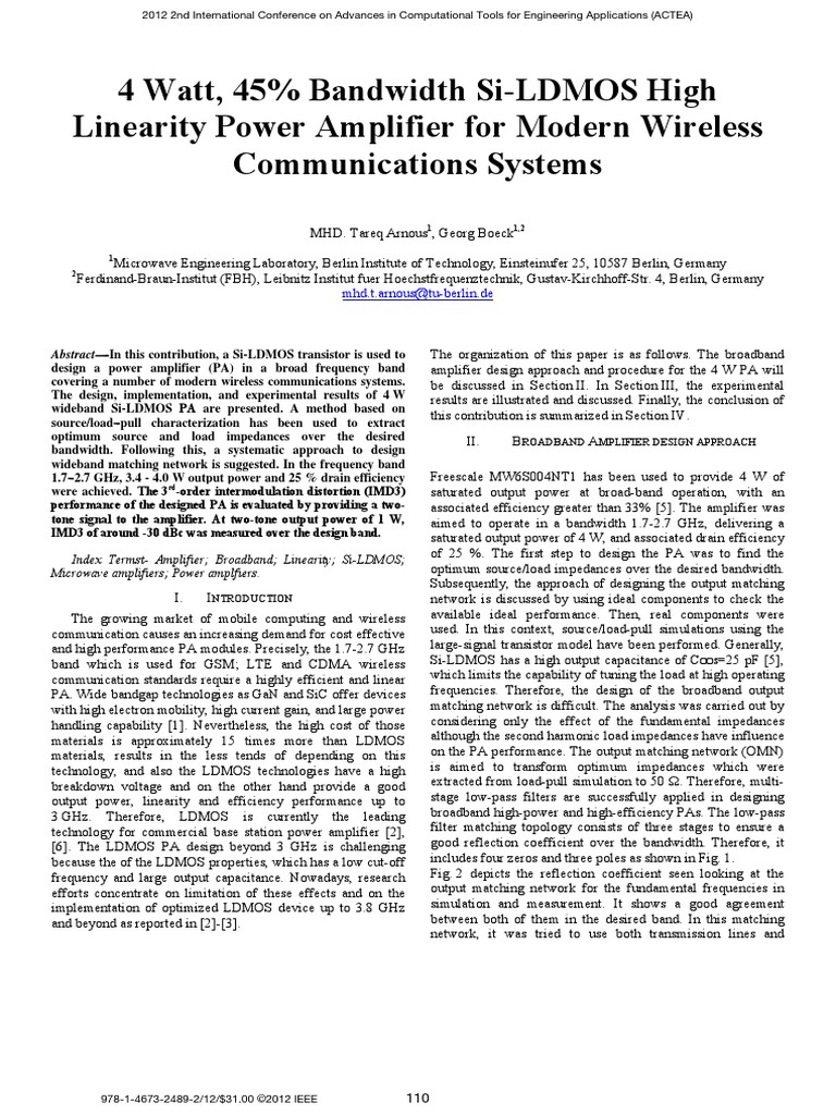 4 Watt, 45 Bandwidth SiLDMOS High Linearity Power Amplifier For
