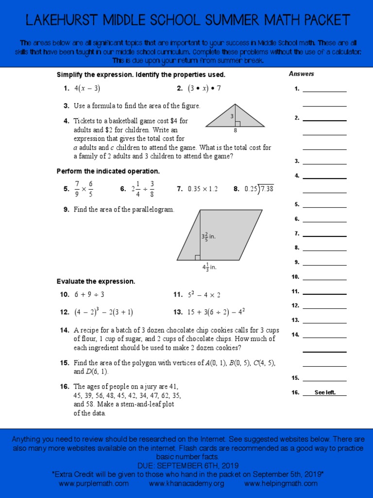 Lakehurst Middle School Summer Math Packet: End-of-Course Test | PDF
