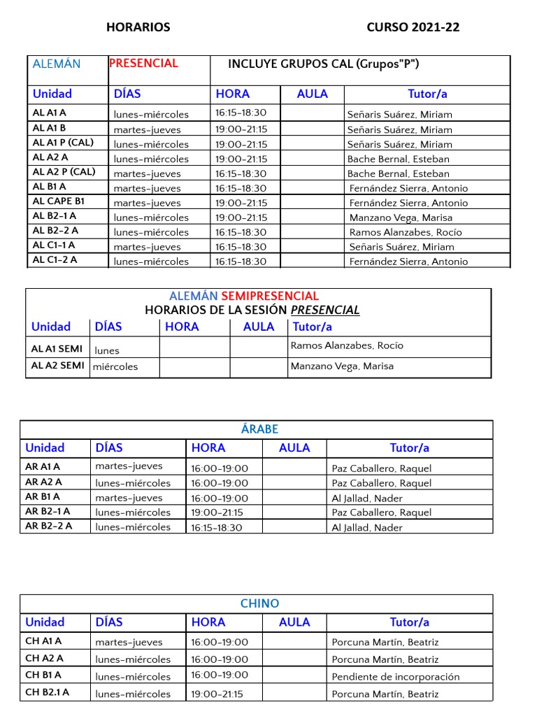 Horarios de Cursos de Idiomas 2021-22 | PDF