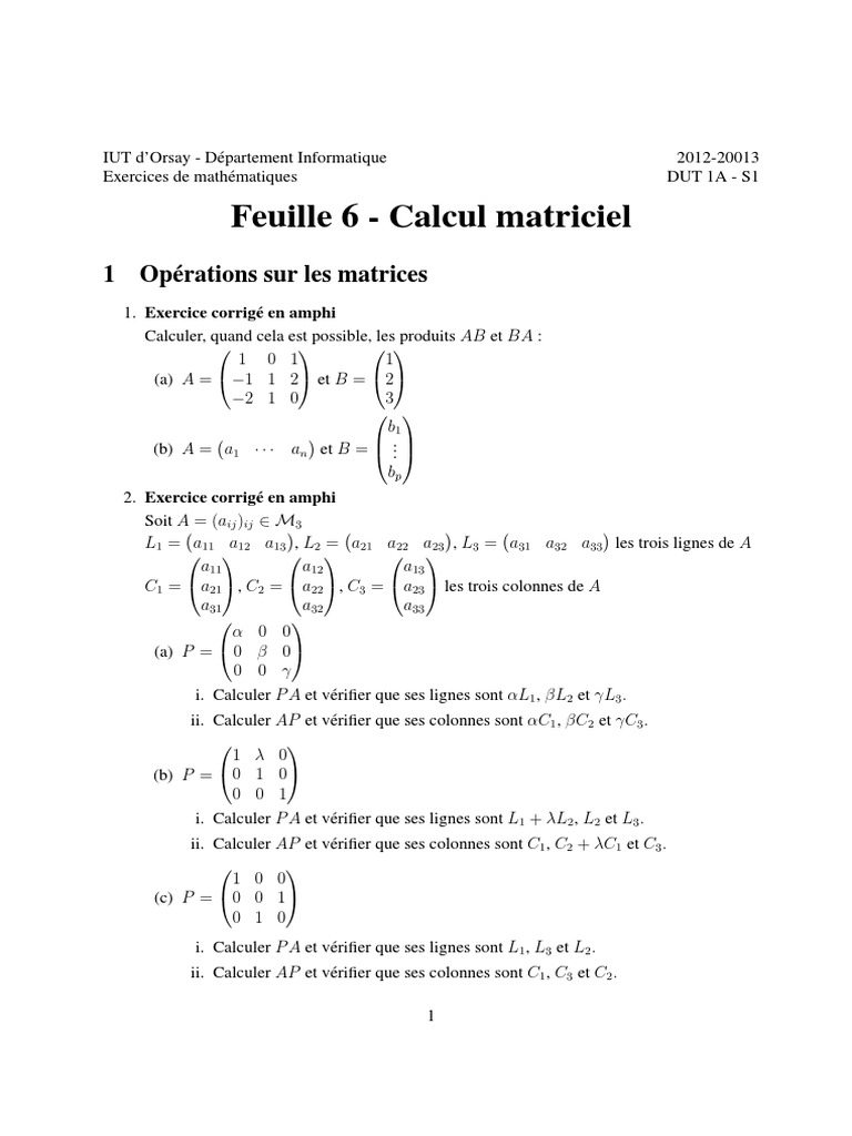 Exercices Corrigés de Matrices | PDF | Déterminant | Matrice ...