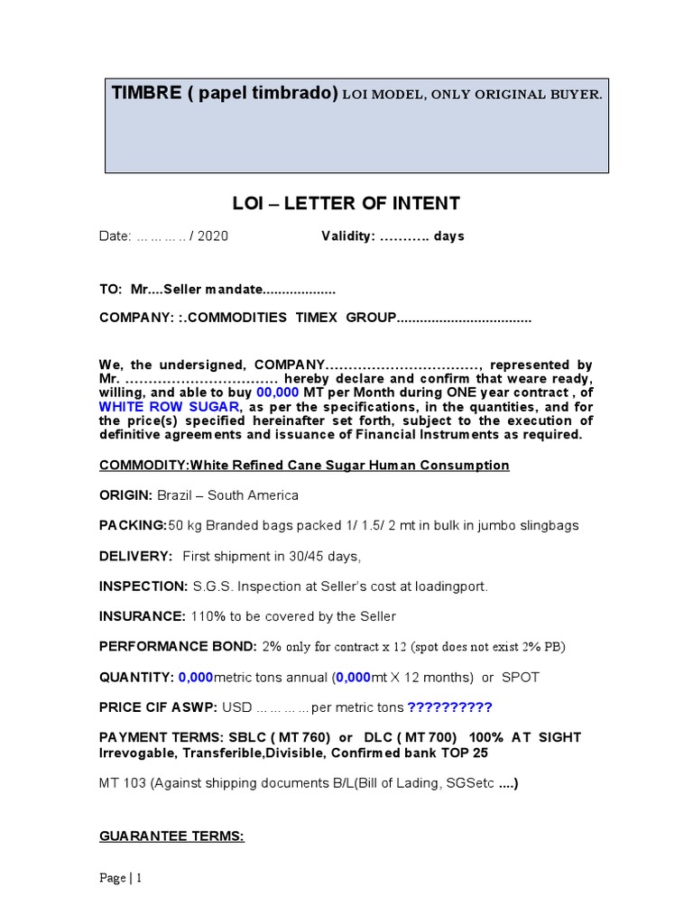 Sugar Purchase LOI Template | PDF | Letter Of Credit | Bill Of Lading