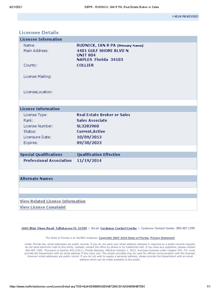 Ian Rudnick Real Estate Broker or Sales License DBPR 2021 Download