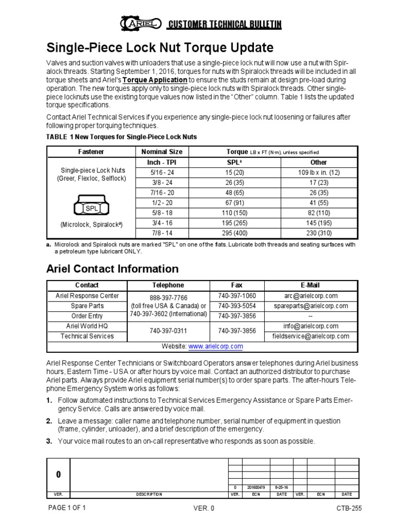 SinglePiece Lock Nut Torque Update Ariel Contact Information PDF