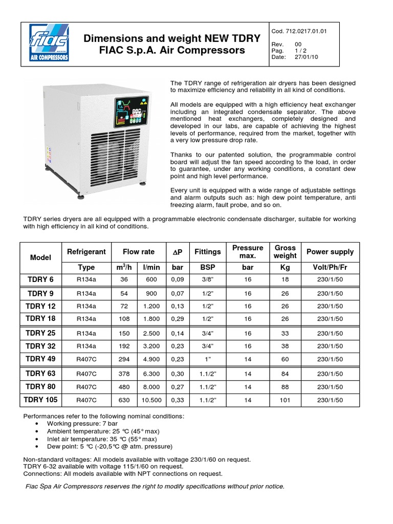 Dimensions and Weight NEW TDRY FIAC S.p.A. Air Compressors | Descargar ...