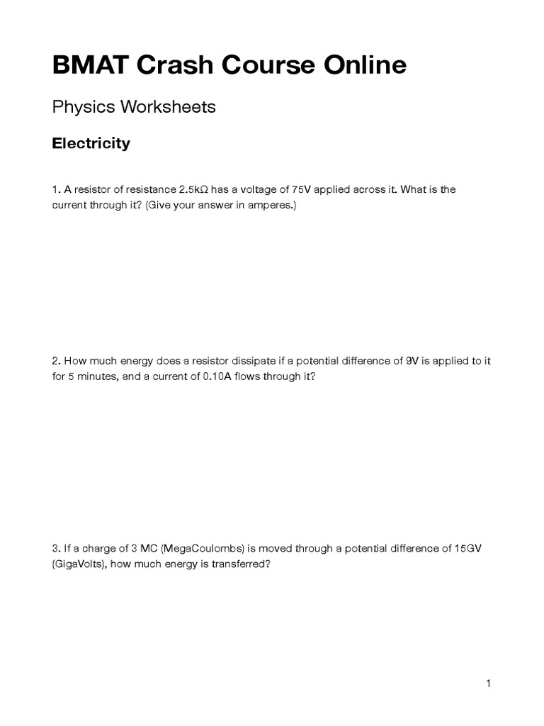 Electric Circuit Analysis and Mechanics Worksheet: Calculating Current ...