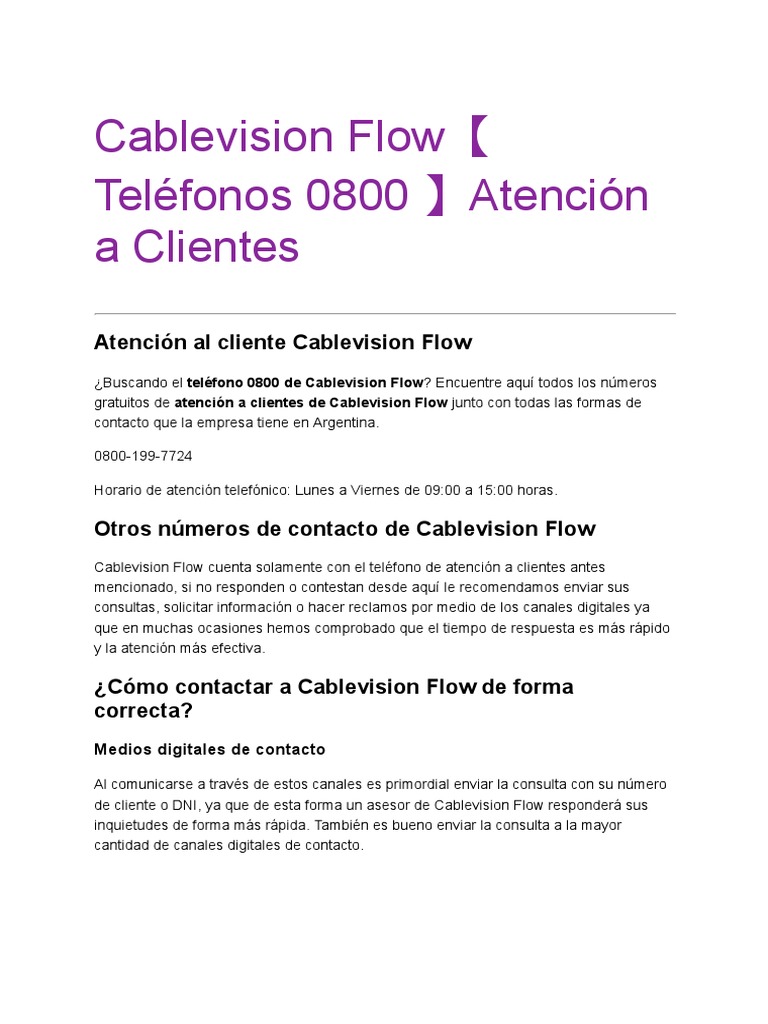 Cablevision Flow【 Teléfonos 0800 】Atención a Clientes Reader View PDF Servicio al
