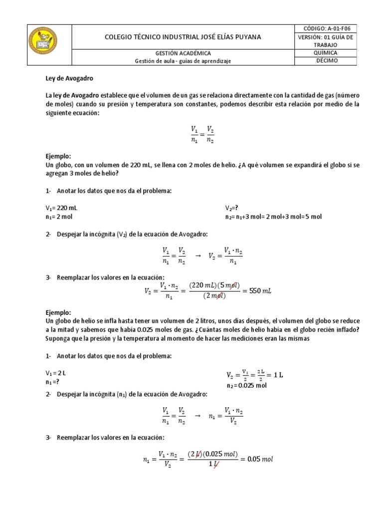Ley de Avogadro: Ejemplos y Aplicaciones | PDF | Gases | Mole (Unidad)