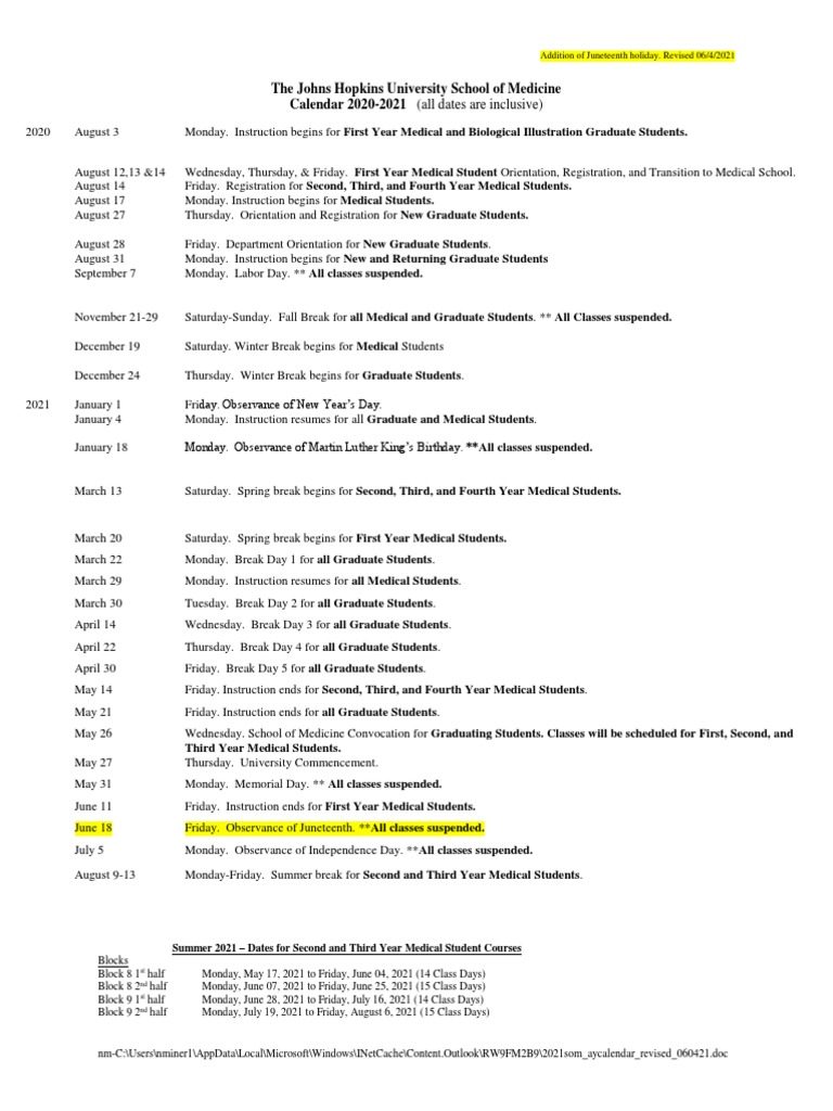 JHU School of Medicine Academic Calendar | PDF | Academic Term | Academia