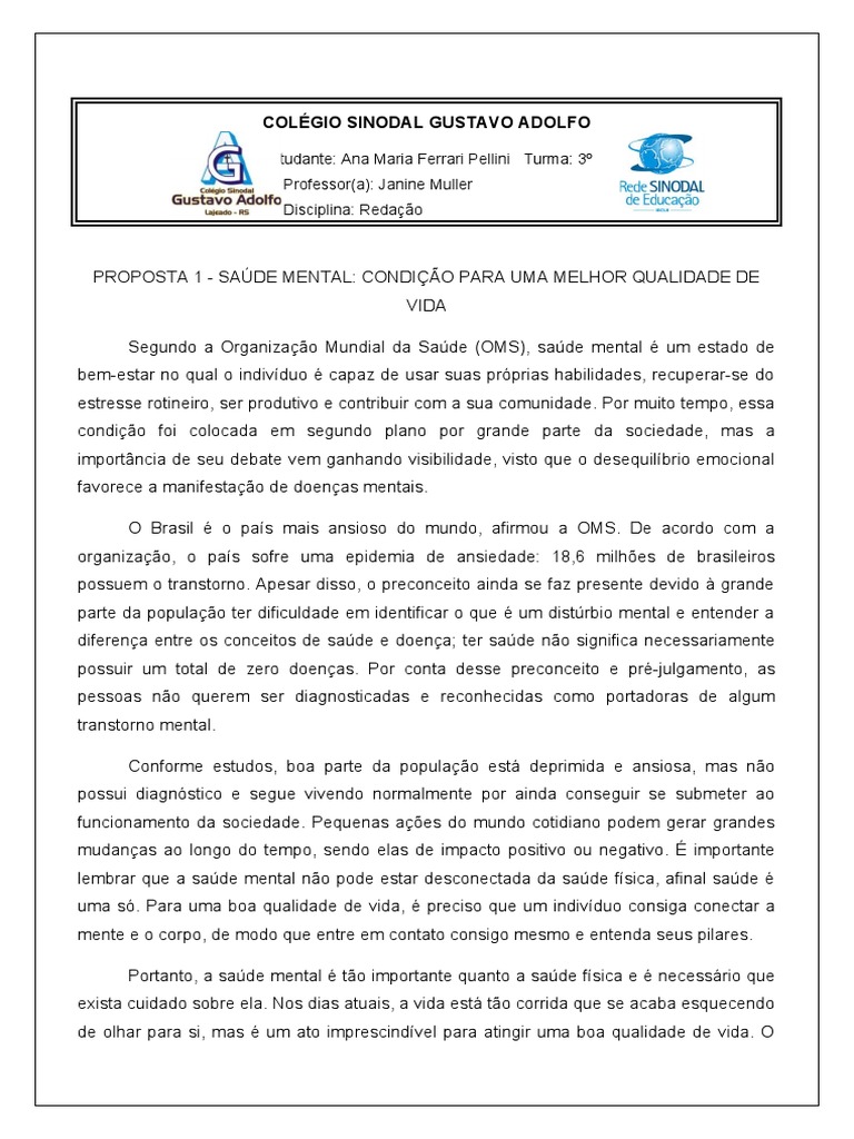Redação Saúde Mental | PDF | Saúde mental | Distúrbio mental