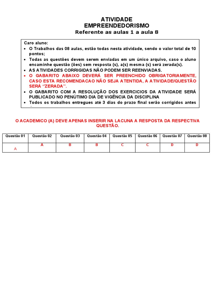 Atividade de Empreendedorismo: Questões e Gabarito | PDF ...