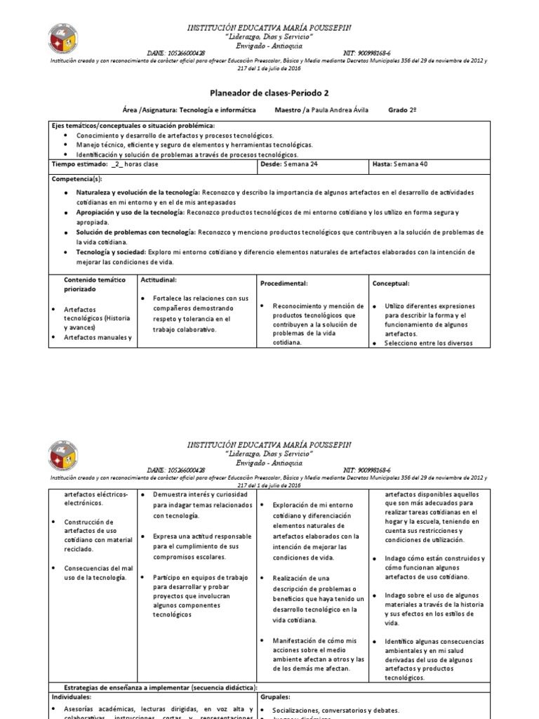 Planeador de clases de Tecnología e Informática para Segundo Grado en ...
