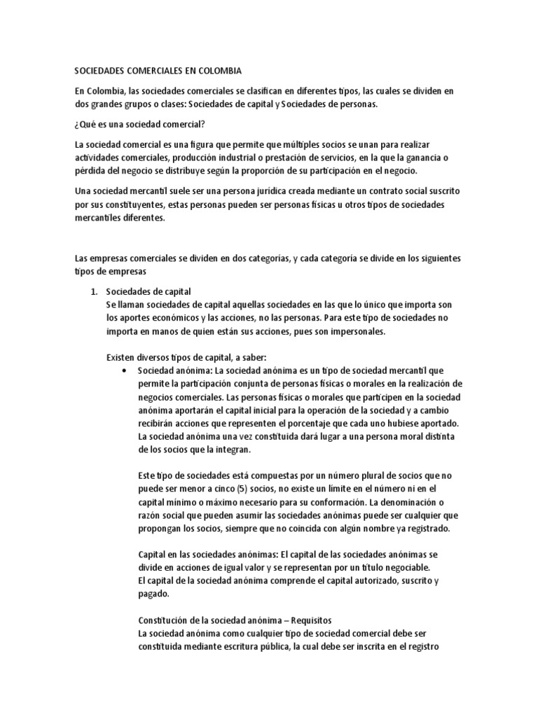 Tipos de Sociedades Comerciales en Colombia | PDF | Sociedad de ...
