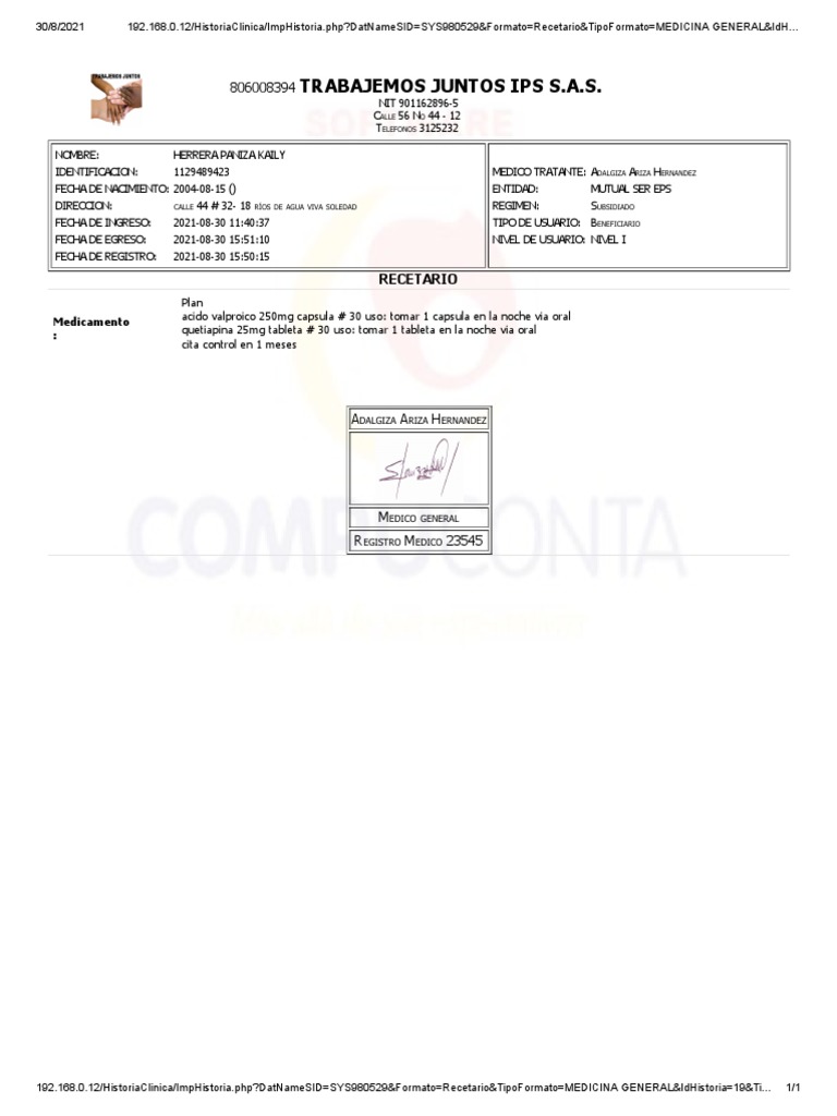 Trabajemos Juntos Ips S.A.S.: Recetario | PDF