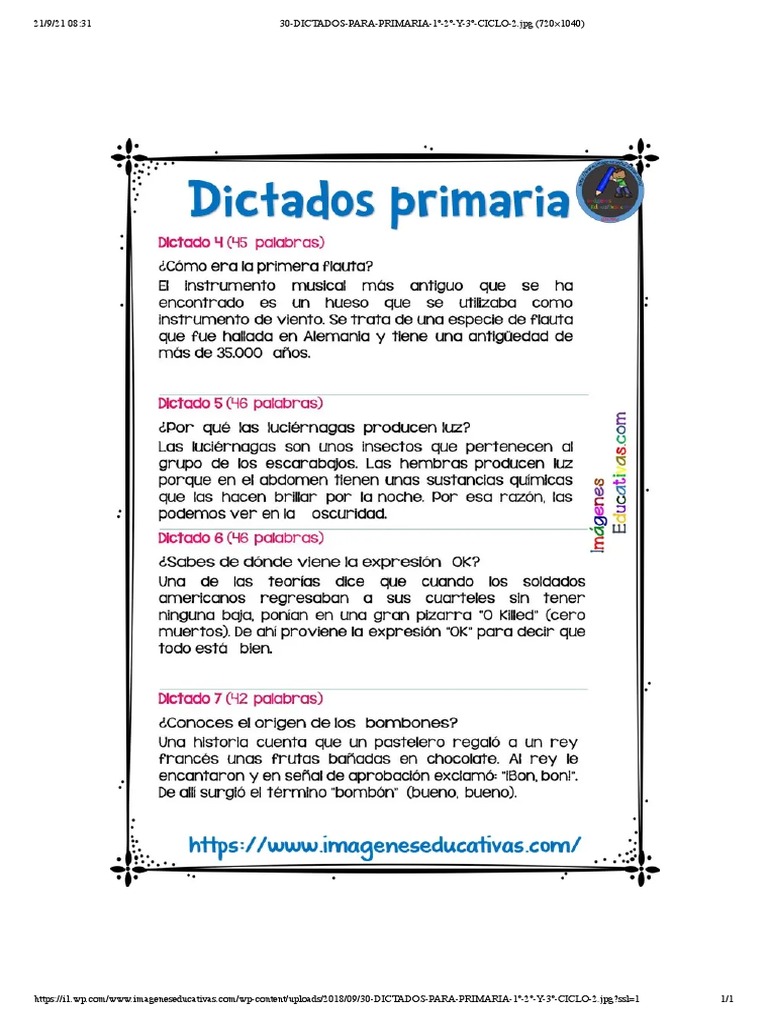 30 Dictados Para Primaria 1º 2º Y 3º Ciclo 2 Pdf