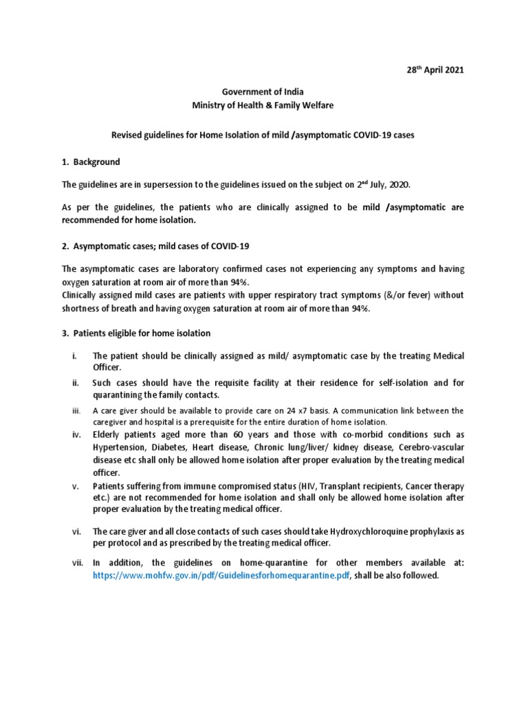 Revisedguidelinesfor Home Isolationofmildasymptomatic COVID19 Cases | PDF