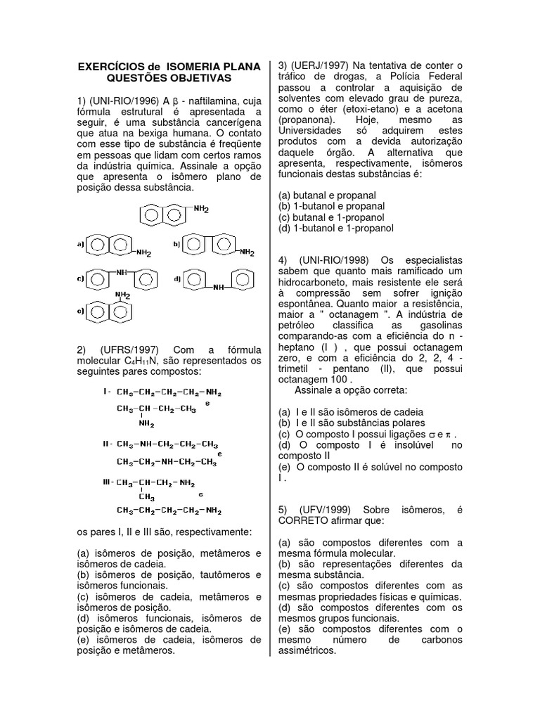 Exercícios de isomeria plana questões objetivas | PDF | Isômero | Química