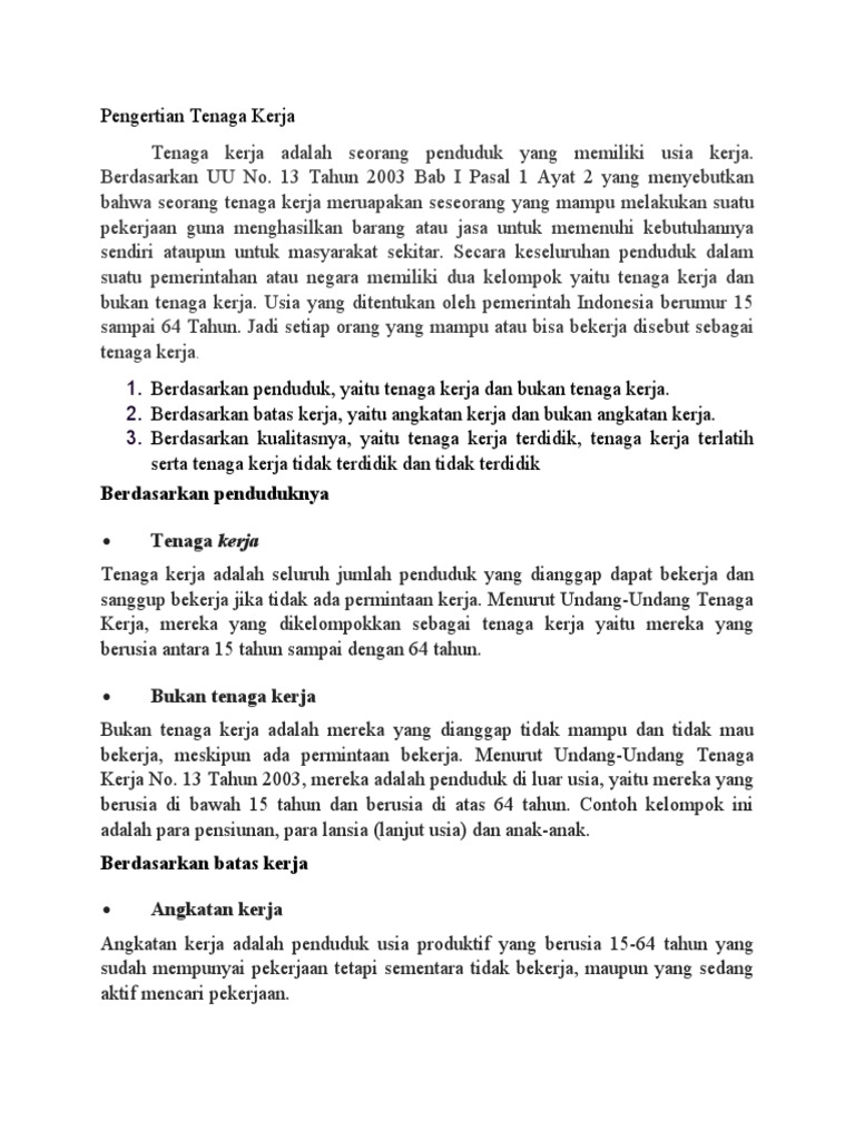 Pengertian dan Klasifikasi Tenaga Kerja | PDF | Karier & Perkembangan ...
