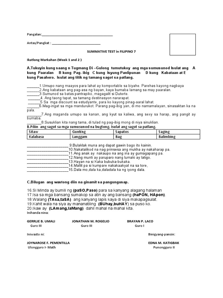 Summative Test in Fil 7 3rd Quarter 1 | PDF