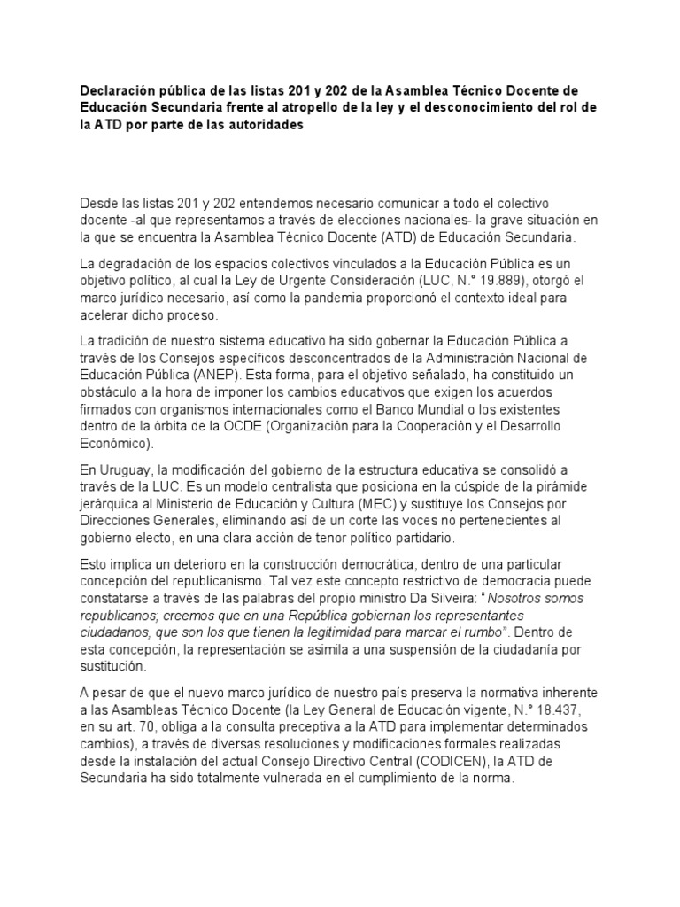 Declaración Pública de Las Listas 201 y 202 de La ATD de Secundaria