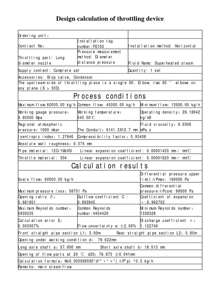 Process Conditions Design Calculation of Throttling Device PDF