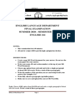 English Language Department Final Examination Summer 2020 - Semester 193 English 214
