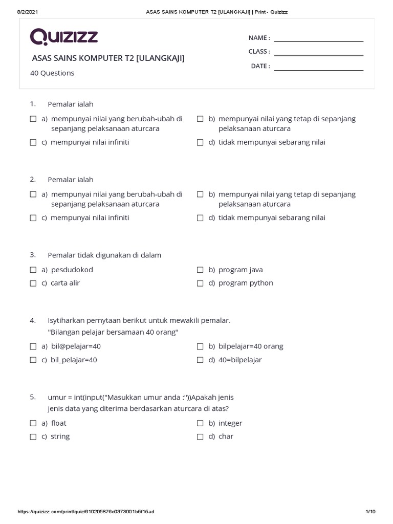 Asas Sains Komputer T2 Ulangkaji Print Quizizz Pdf
