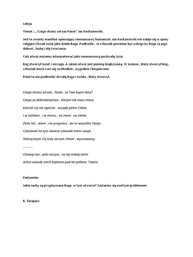 Czego Chcesz Od Nas Panie Kochanowski Czego Chcesz Od Nas Panie Jan Kochanowski - Kopia | PDF