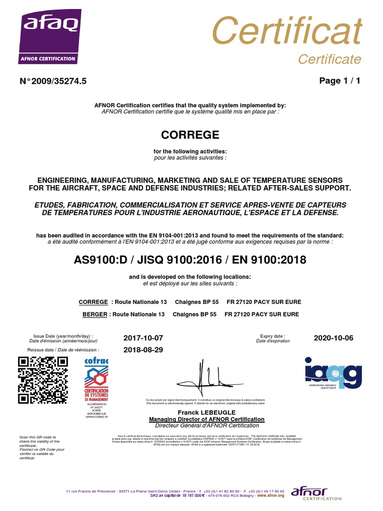 Certificat EN 9100 V 2018 (2009 35247-5) | PDF | Théorie des systèmes ...