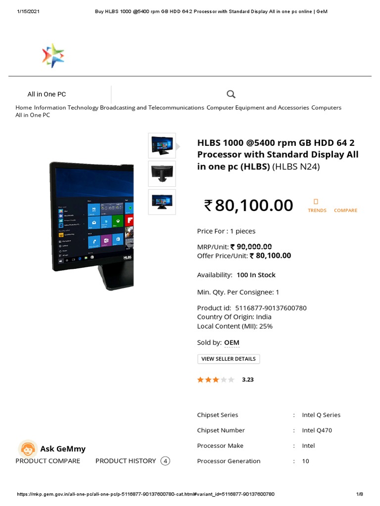 HLBS 1000 @5400 RPM GB HDD 64 2 Processor With Standard Display All in ...