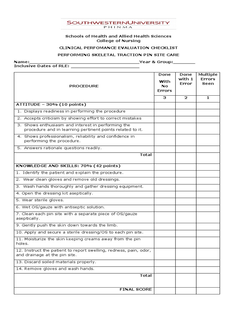 Skeletal Traction Pin Site Care PDF Nursing Cognition