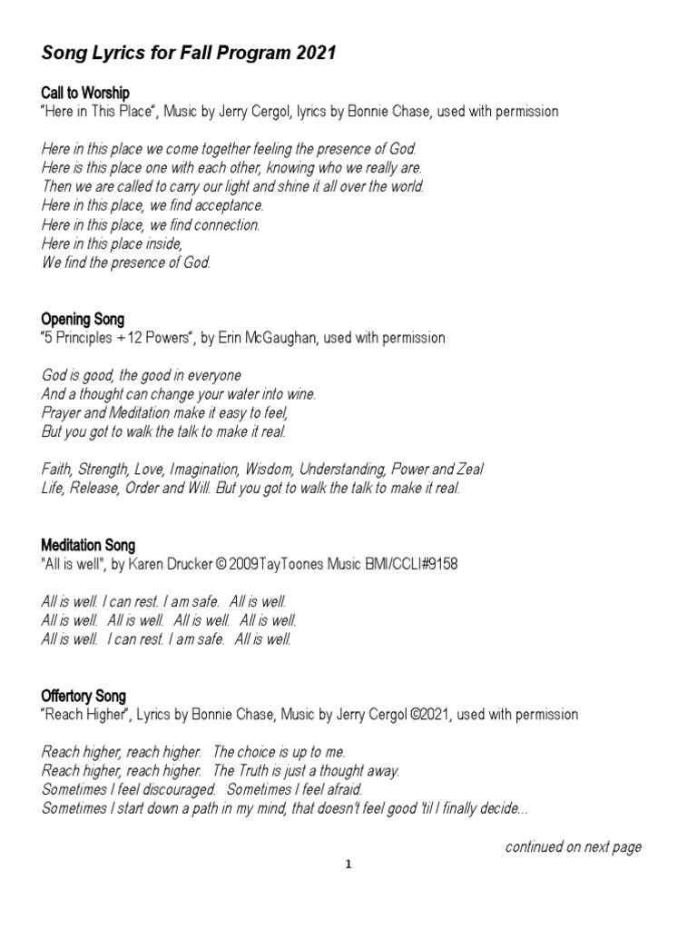 Song Lyrics Fall Program | PDF | Theology | Religious Behaviour And ...