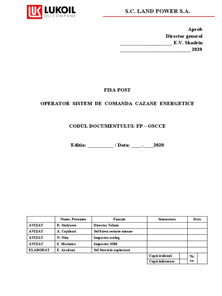 Fisa de Post - Operator Sistem Comanda Cazane 10.2020 - Printata | PDF