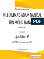 Certificate for _MUHAMMAD ADAM DANIEAL BIN M..._ for _Ujian Tahun 5A_