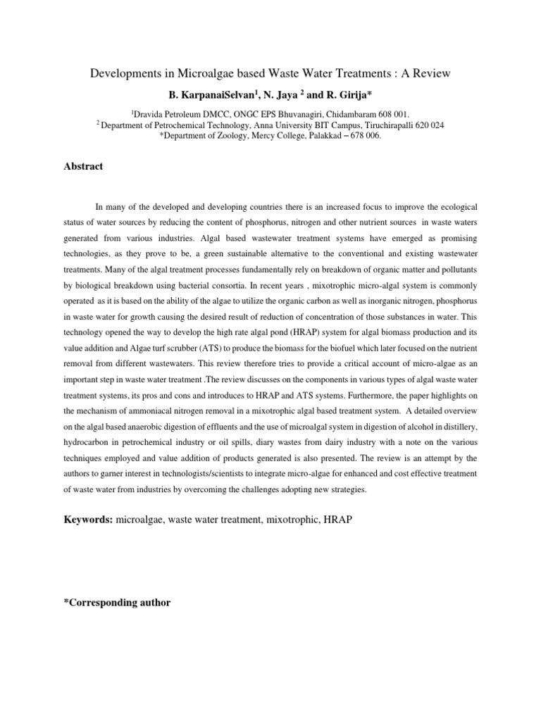 Microalgae Wastewater Treatment Review | PDF | Sewage Treatment | Algae ...
