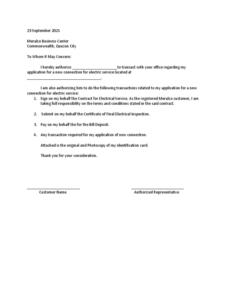 Meralco Authorization Letter Sample PDF