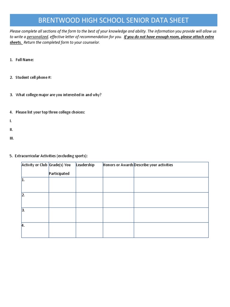 Brentwood High School Senior Info Sheet | PDF | Career & Growth