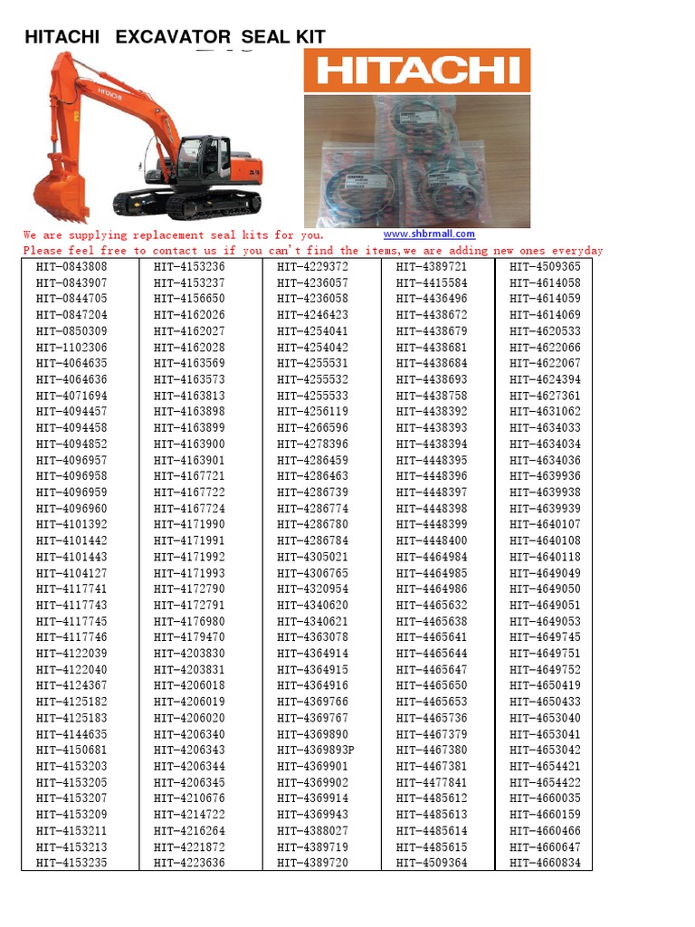 Hitachi Excavator Seal Kit List | PDF