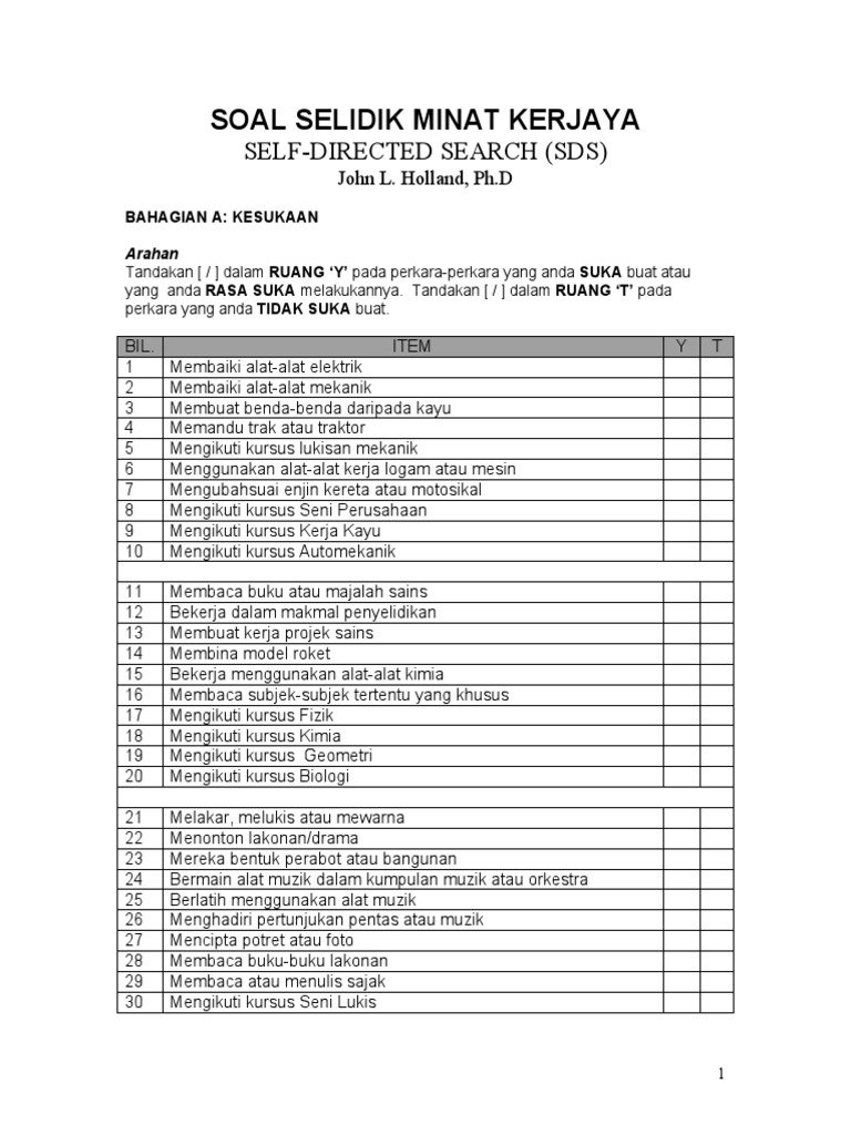 Soal selidik minat kerjaya self directed search sds pdf