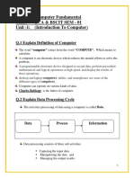 Subject: Computer Fundamental Class: Bca & Bscit Sem - 01 Unit - 1: (Introduction To Computer)