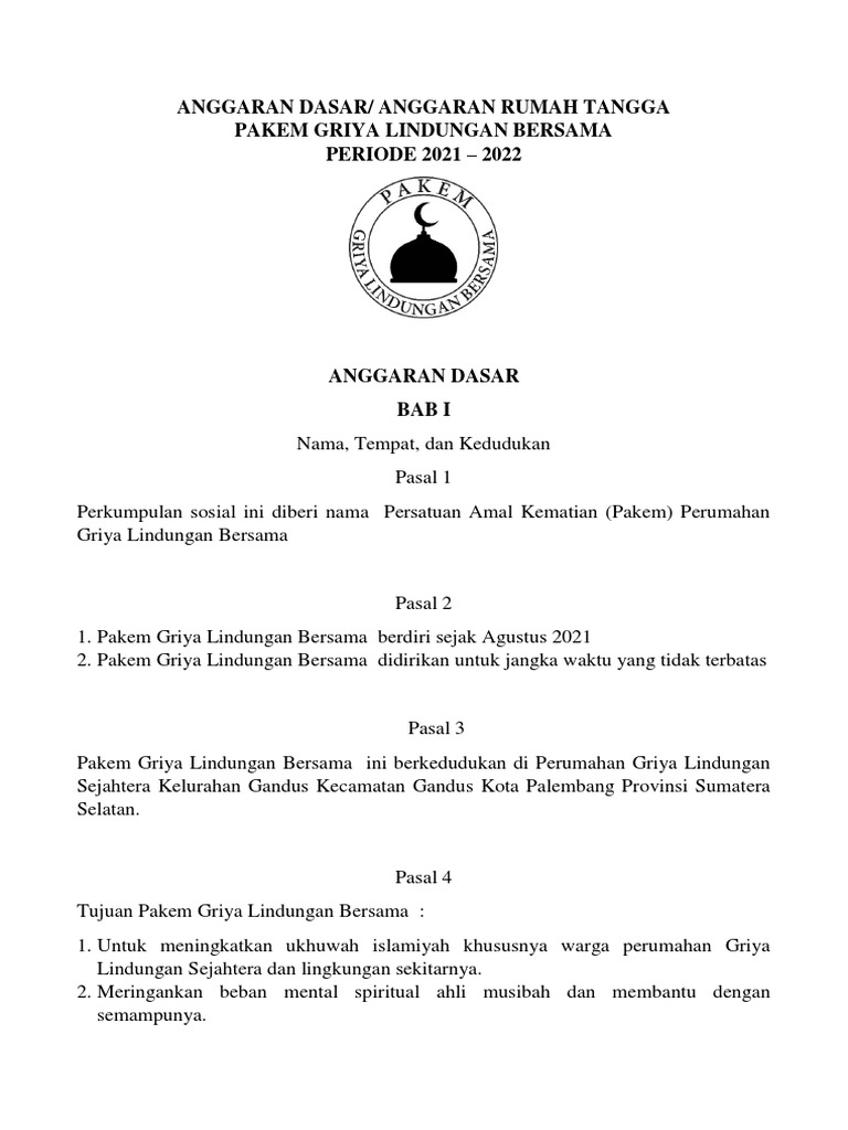 AD/ART Pakem Griya Lindungan Bersama | PDF