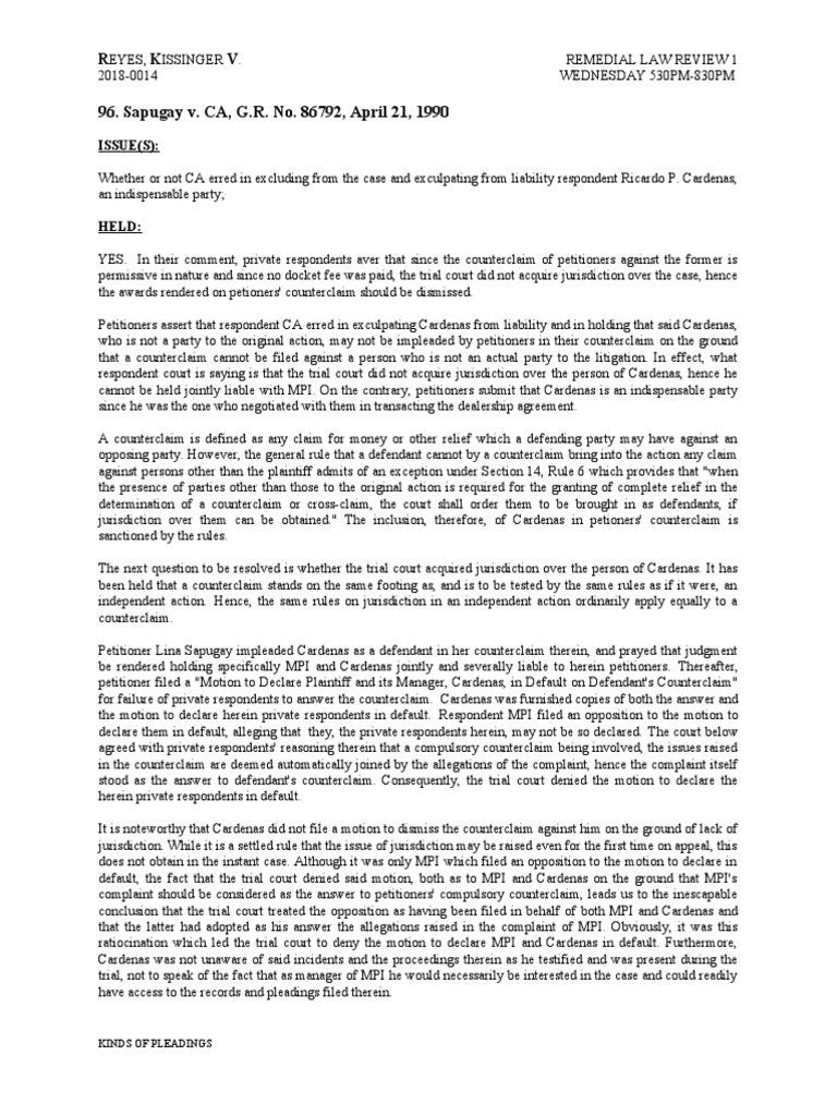 Jurisdiction Over Indispensable Parties in Compulsory Counterclaims