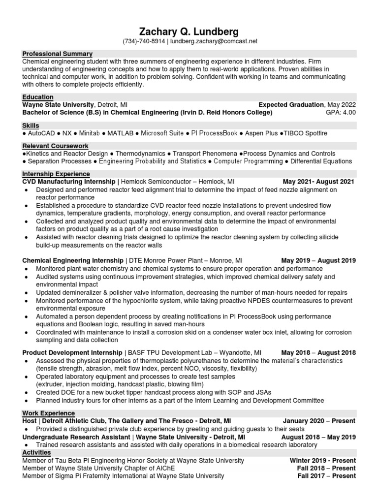 Chemical Engineering Student Profile | PDF | Chemical Engineering ...