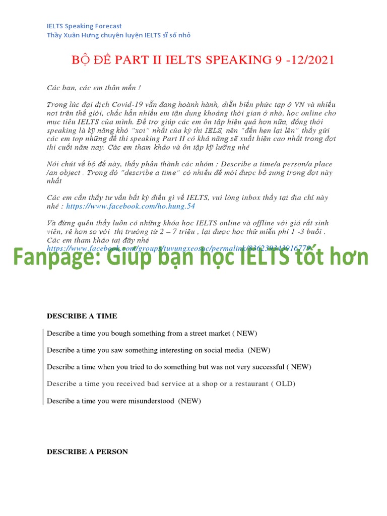 Bộ Đề Part Ii Ielts Speaking 9 | PDF