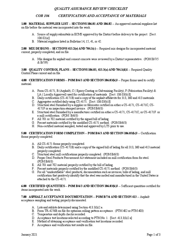 Quality Assurance Review Checklist Cor 106 Certification and Acceptance ...
