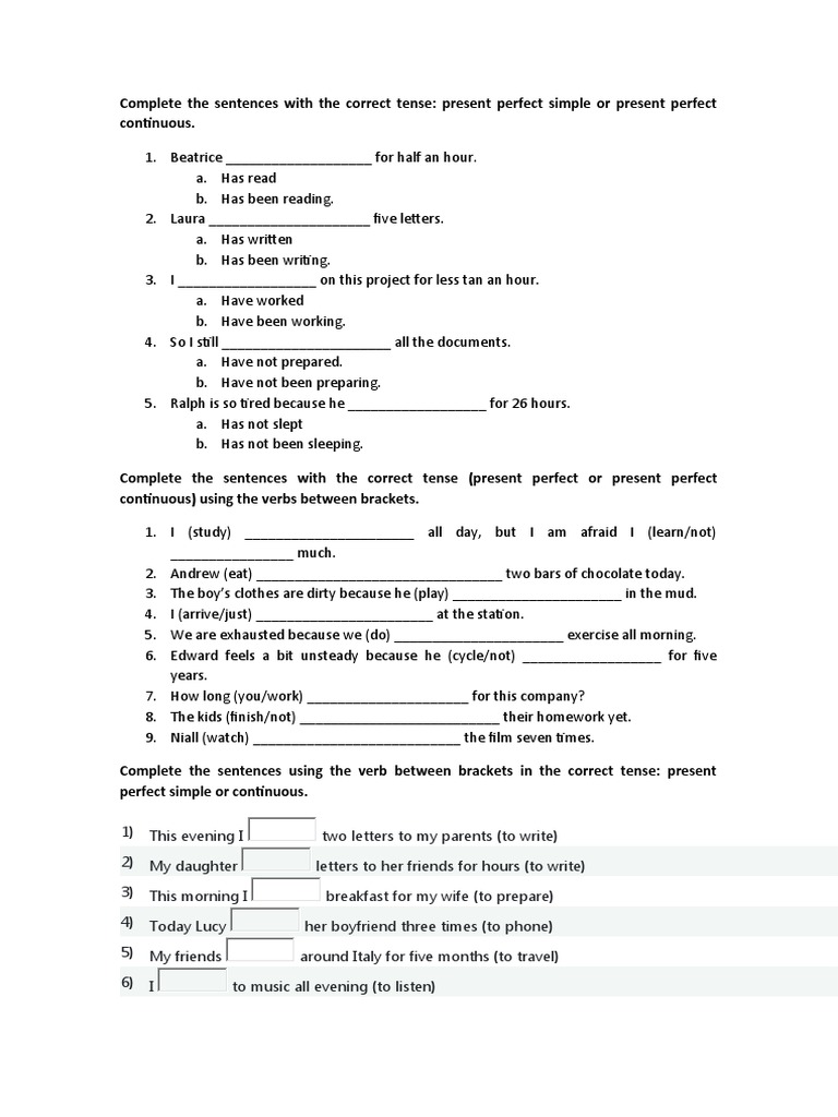 Present Perfect vs Continuous Exercises | PDF | Language Mechanics ...