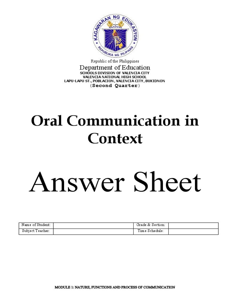 Oral Communication Answer Sheet PDF Communication Information