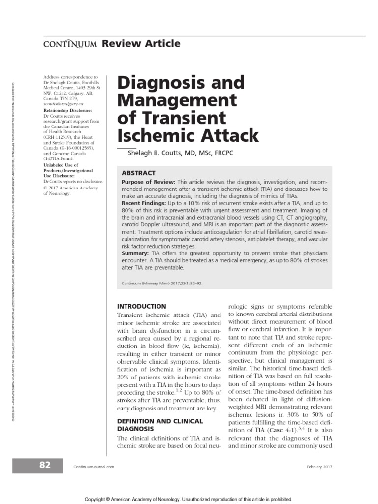 Diagnosis and Management of Transient Ischemic.10-1 | PDF | Stroke ...