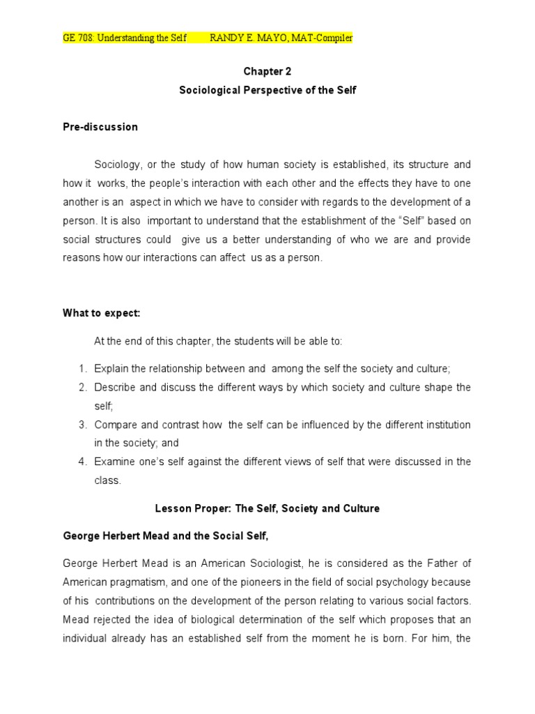 Sociological Perspective of The Self: GE 708: Understanding The Self RANDY  E. MAYO, MAT-Compiler | PDF | Anthropology | Id