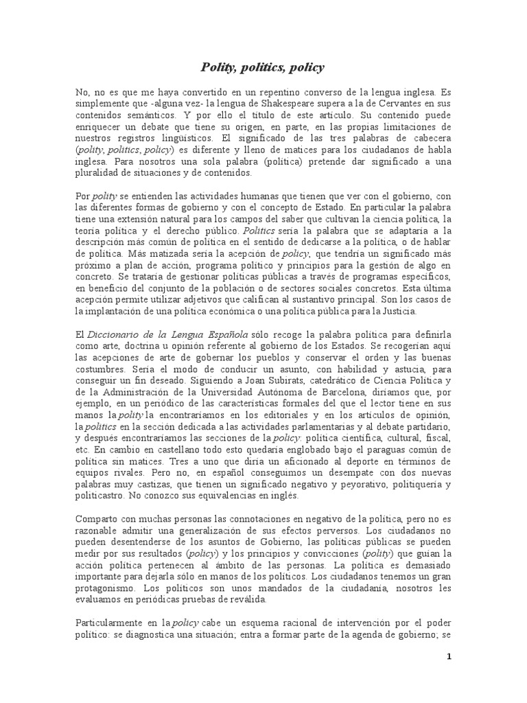 Polity, Politics y Policy en Español | PDF | Palabra | Estado (política)